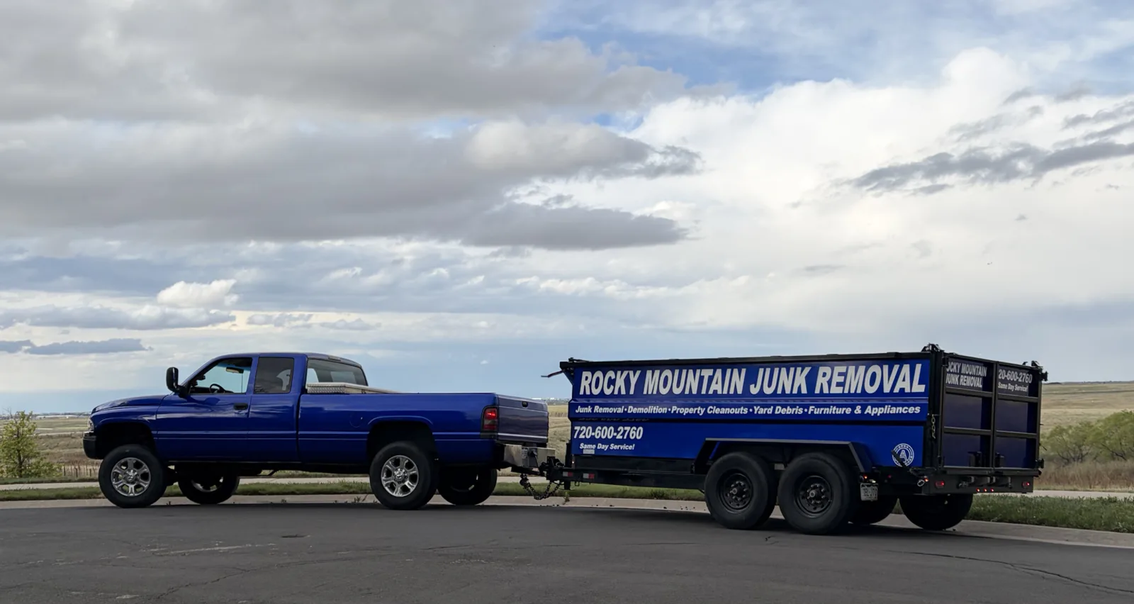 Rocky Mountain Junk Removal truck and dump trailer ready for a job on Colorado's Front Range